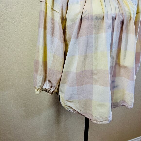 Everlane Blouse Womens Beige Tan Plaid Peasant Relax Balloon Sleeve Top size 00 - Picture 11 of 16